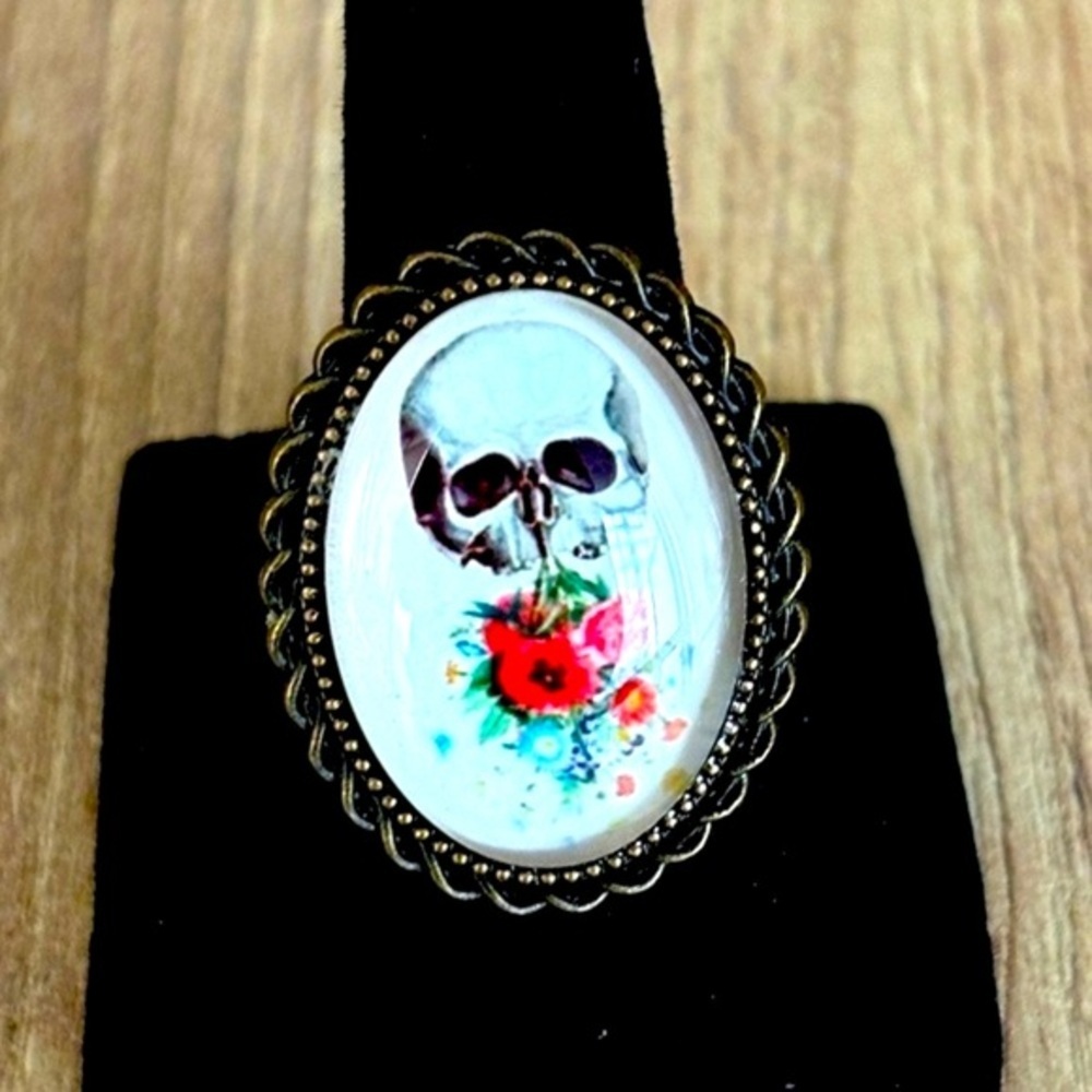 Vintage Skull and Flowers Print Victorian Style Adjustable Ring, Handmade, NWT